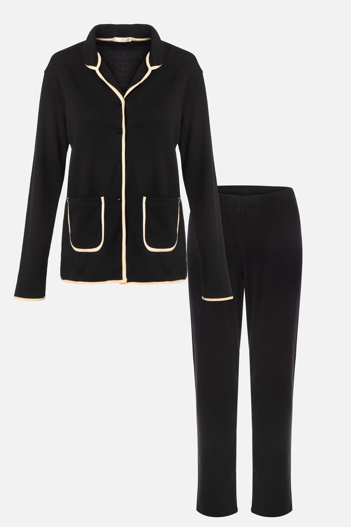 Kadın Pamuklu Kaşkorse Uzun Kollu Ara Biyeli Cep Detaylı Gömlek Yaka Ten Pijama Takımı