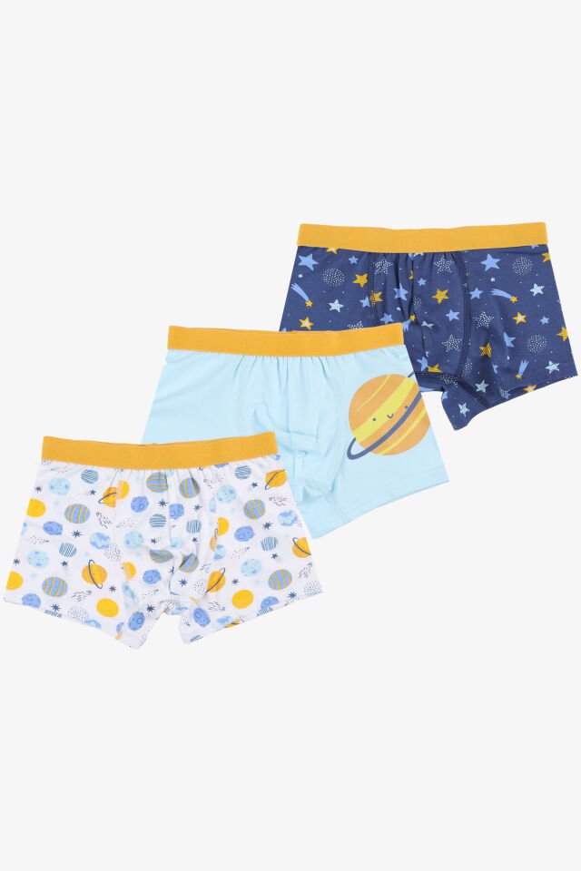 Erkek Çocuk Pamuklu Uzay Baskılı 3'lü Boxer 3 - 5 Yaş - Mavi - Sarı