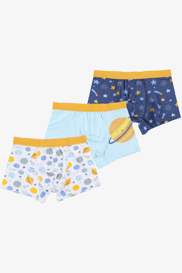 Erkek Çocuk Pamuklu Uzay Baskılı 3'lü Boxer 3 - 5 Yaş - Mavi - Sarı