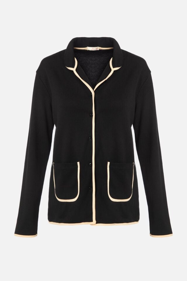 Kadın Pamuklu Kaşkorse Uzun Kollu Ara Biyeli Cep Detaylı Gömlek Yaka Ten Pijama Takımı KO70143 - XL