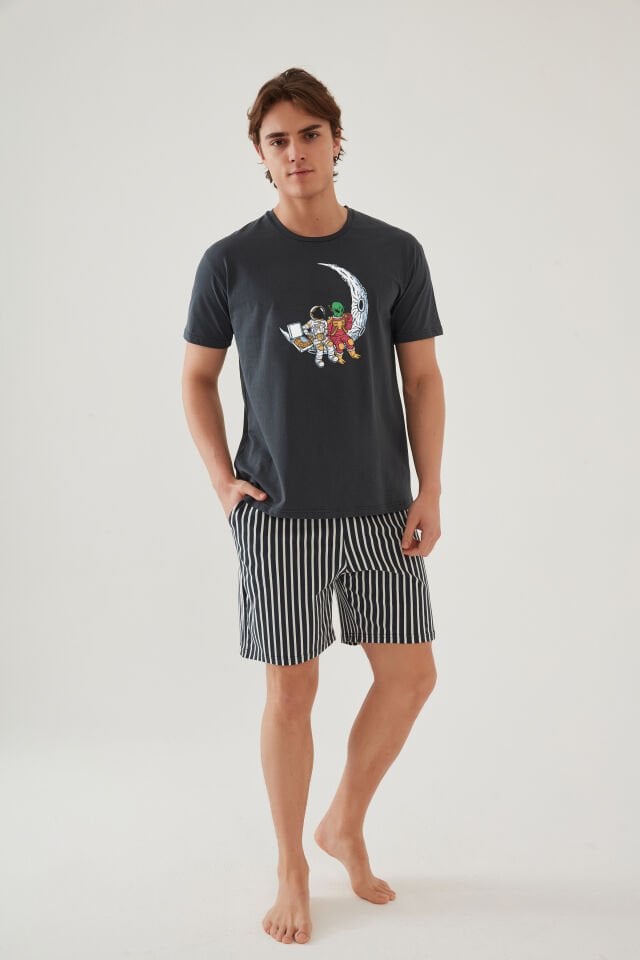 Erkek Pamuklu Füme Baskılı Cepli Şort Pijama Takımı Füme - Beyaz - 2XL