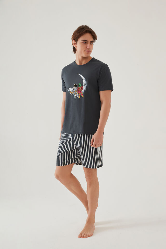 Erkek Pamuklu Füme Baskılı Cepli Şort Pijama Takımı Füme - Beyaz - 2XL