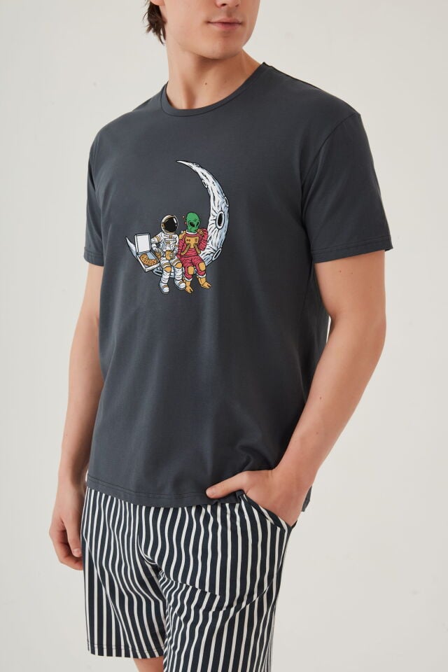 Erkek Pamuklu Füme Baskılı Cepli Şort Pijama Takımı Füme - Beyaz - 2XL