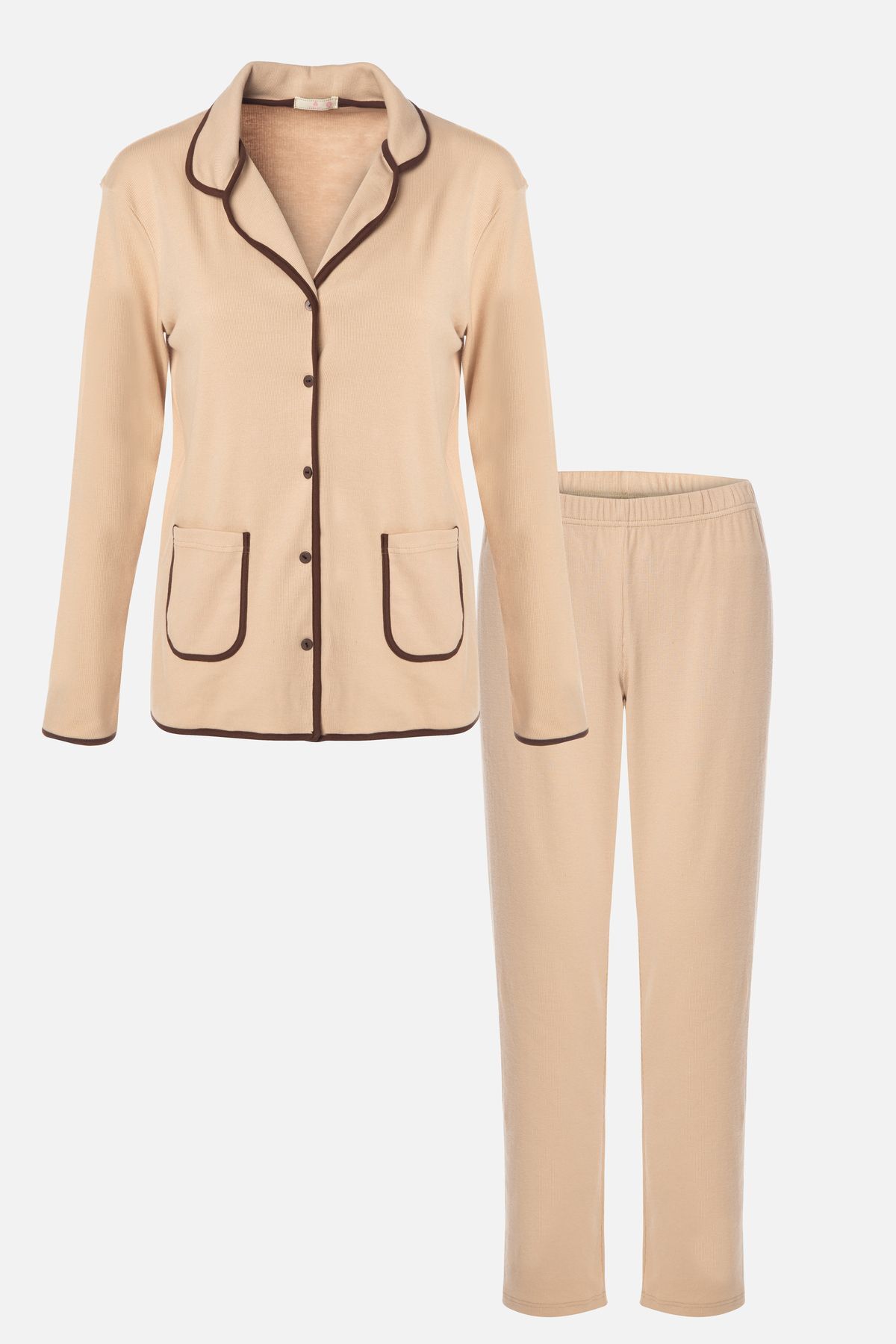 Kadın Pamuklu Kaşkorse Uzun Kollu Ara Biyeli Cep Detaylı Gömlek Yaka Ten Pijama Takımı KO70143-1 - XL