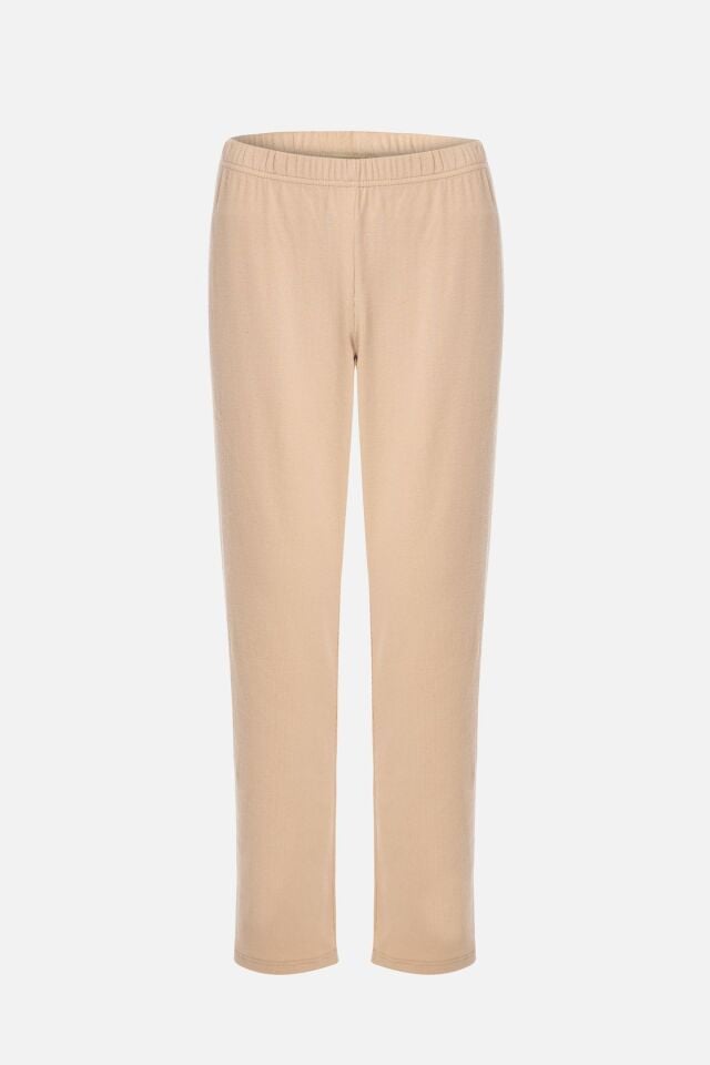 Kadın Pamuklu Kaşkorse Uzun Kollu Ara Biyeli Cep Detaylı Gömlek Yaka Ten Pijama Takımı KO70143-1 - XL