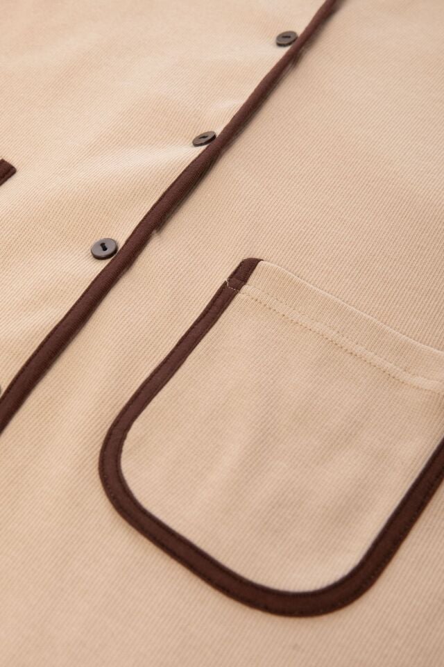 Kadın Pamuklu Kaşkorse Uzun Kollu Ara Biyeli Cep Detaylı Gömlek Yaka Ten Pijama Takımı KO70143-1 - XL