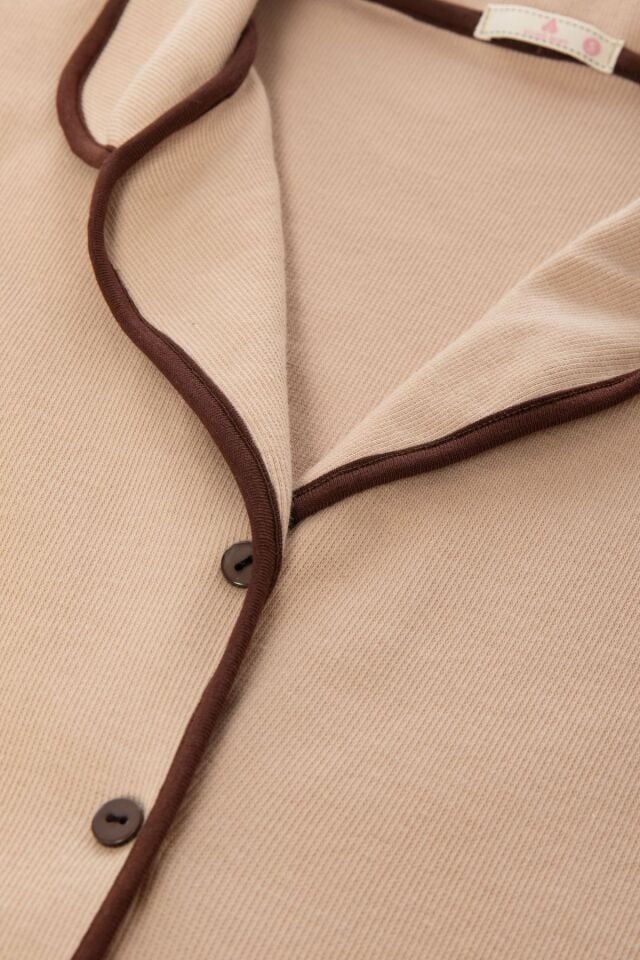 Kadın Pamuklu Kaşkorse Uzun Kollu Ara Biyeli Cep Detaylı Gömlek Yaka Ten Pijama Takımı KO70143-1 - XL