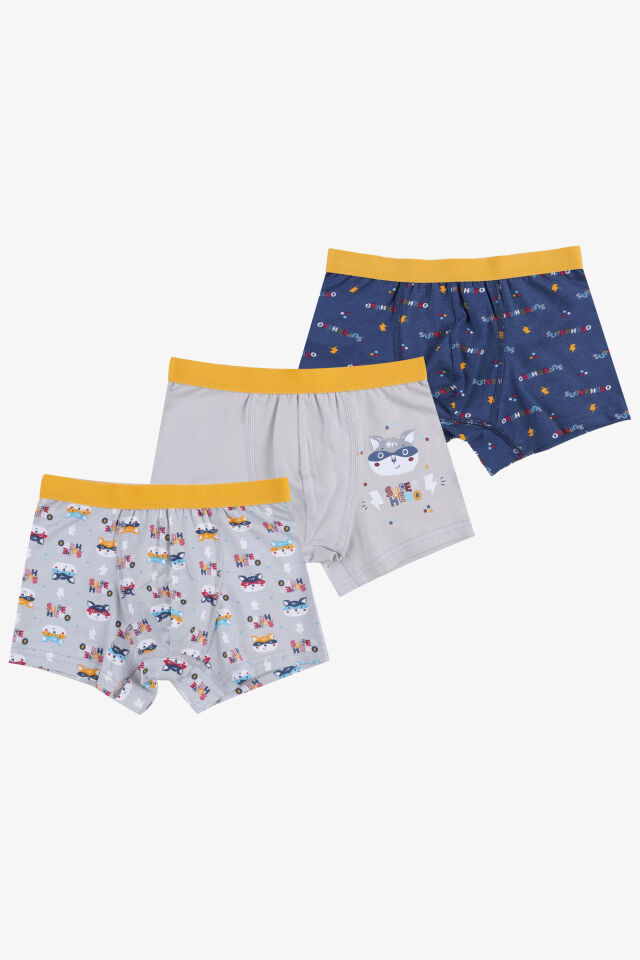 Erkek Çocuk Pamuklu Uzay Baskılı 3'lü Boxer Lacivert - Gri