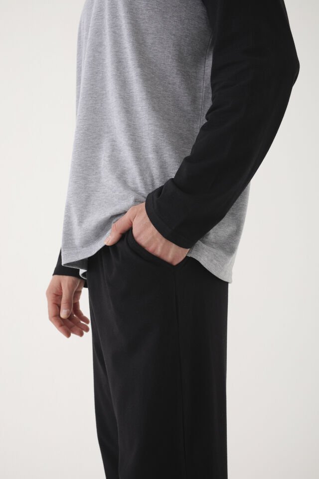 Erkek Pamuklu Uzun Kollu Cepli Pijama Takımı Gri - Siyah - L