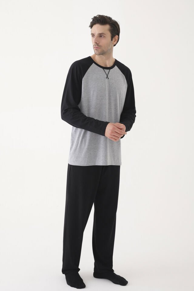 Erkek Pamuklu Uzun Kollu Cepli Pijama Takımı Gri - Siyah - XL