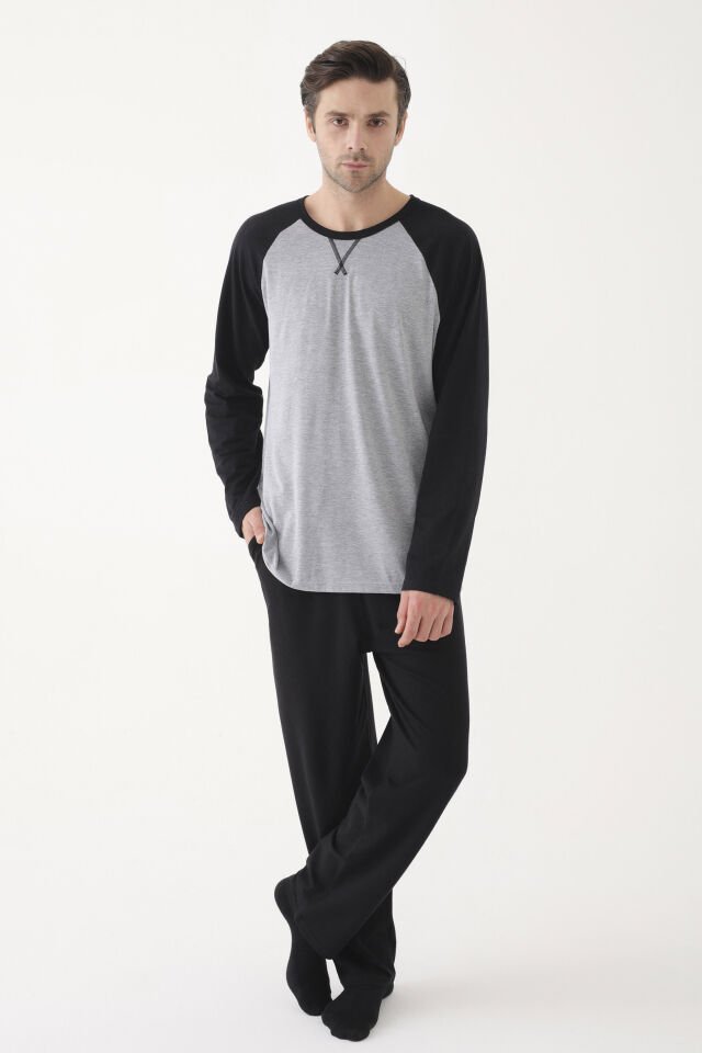 Erkek Pamuklu Uzun Kollu Cepli Pijama Takımı Gri - Siyah - XL