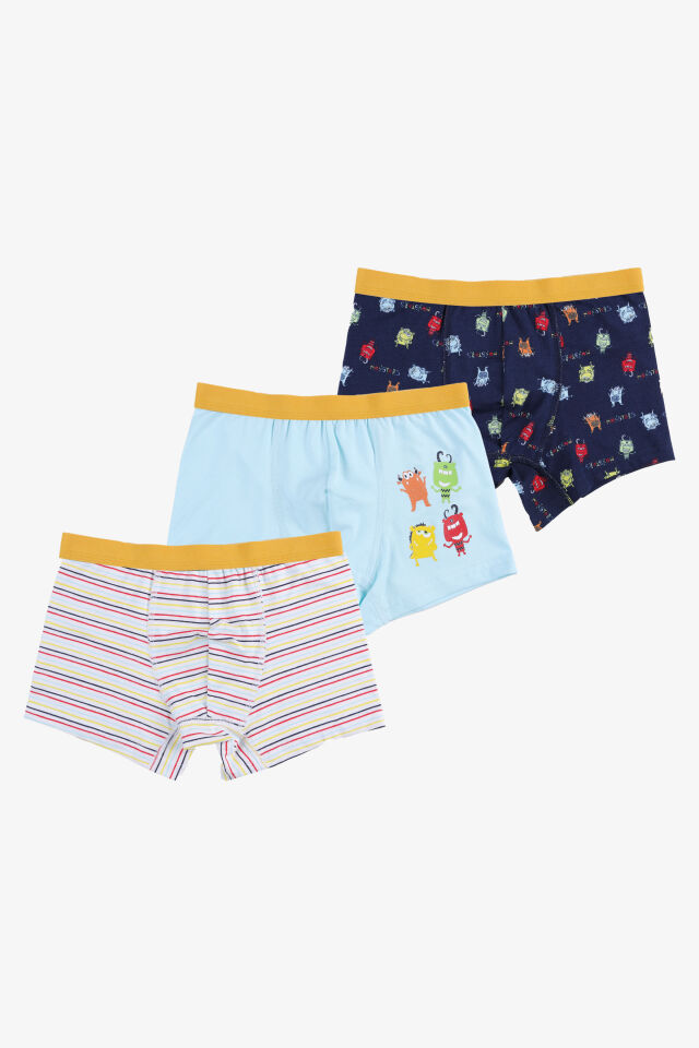 Erkek Çocuk Pamuklu Uzay Baskılı 3'lü Boxer Lacivert - Mavi