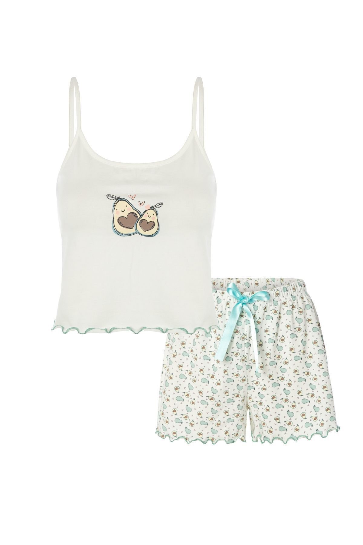 Kadın İnce Askılı Baby Overloklu Avokado Desenli Crop Top Şortlu Pijama Takımı Çok Renkli - XL