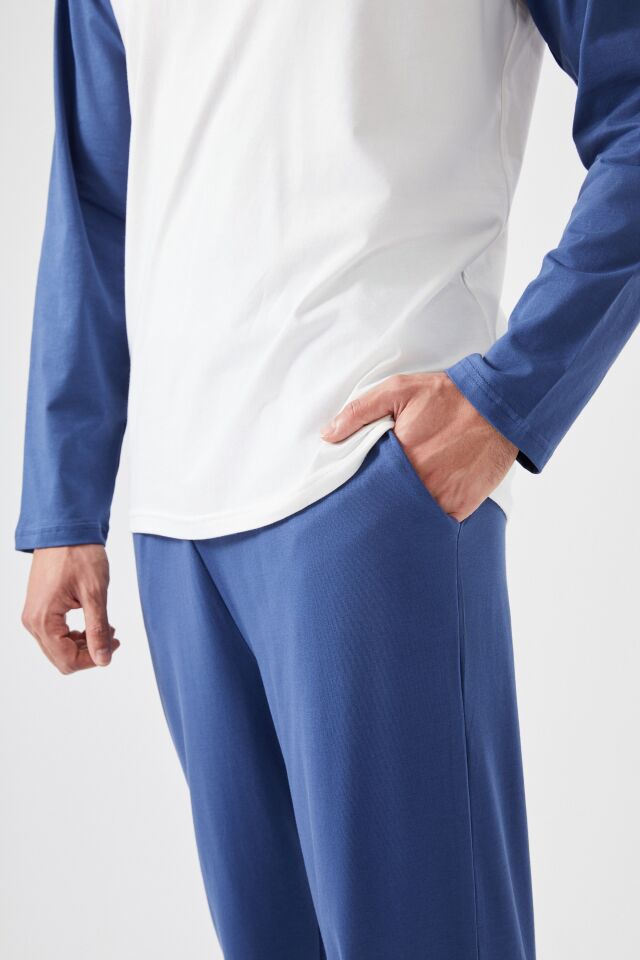 Erkek Pamuklu Uzun Kollu Cepli Pijama Takımı Mavi - Beyaz - S