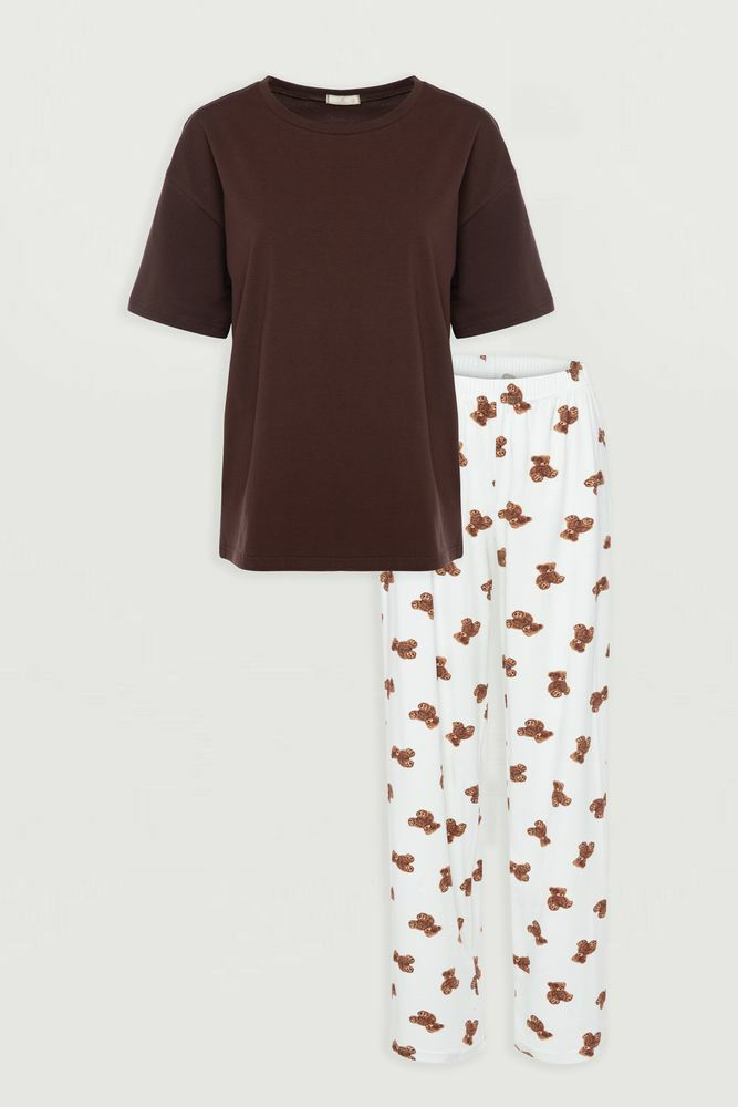 Kadın Pamuklu Ayıcık Desenli Kısa Kollu Pijama Takımı