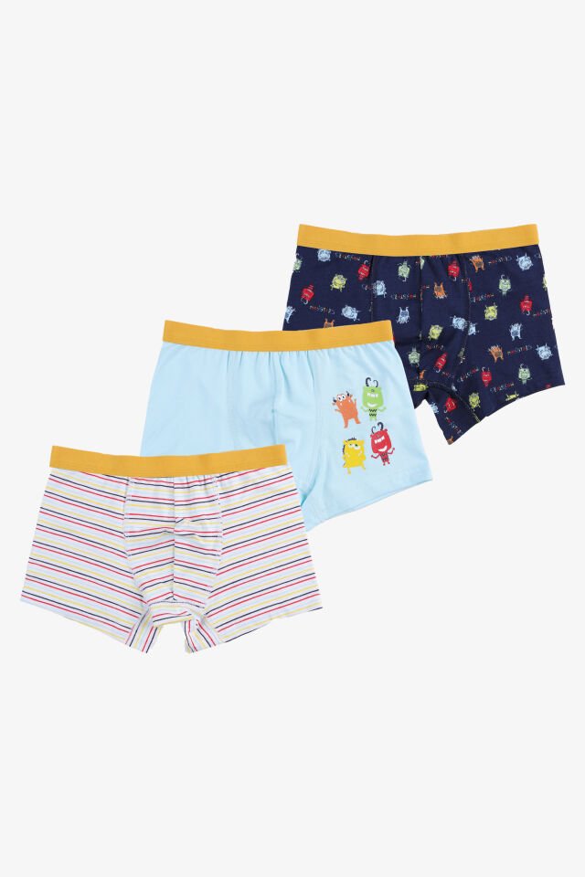 Erkek Çocuk Pamuklu Uzay Baskılı 3'lü Boxer Lacivert - Mavi