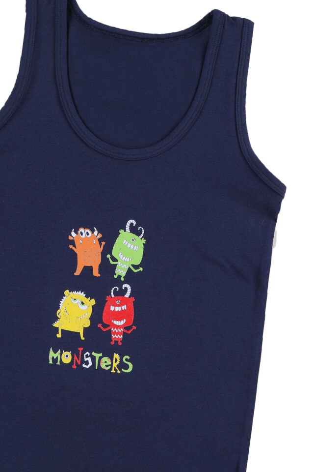 Erkek Çocuk Pamuklu Uzay Baskılı Atlet Boxer Takım Lacivert - Turuncu - 5 - 7 Yaş