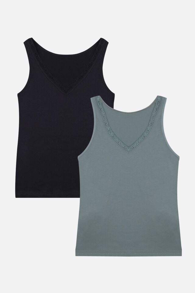 Kadın 2'li Dantel Detaylı Atlet Siyahcagla - 2XL - Siyahcagla - 2XL