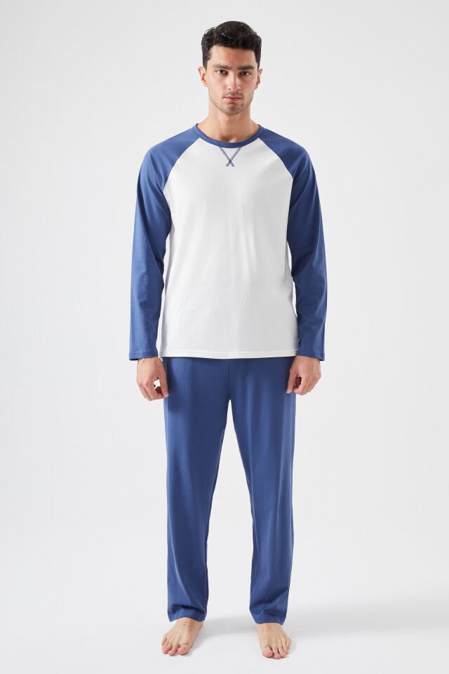 Erkek Pamuklu Uzun Kollu Cepli Pijama Takımı Mavi - Beyaz - 2XL