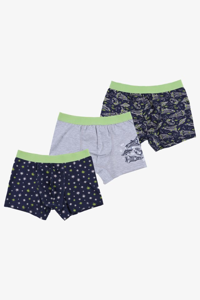 Erkek Çocuk Pamuklu Uzay Baskılı 3'lü Boxer 9- 11 Yaş - Gri - Yeşil