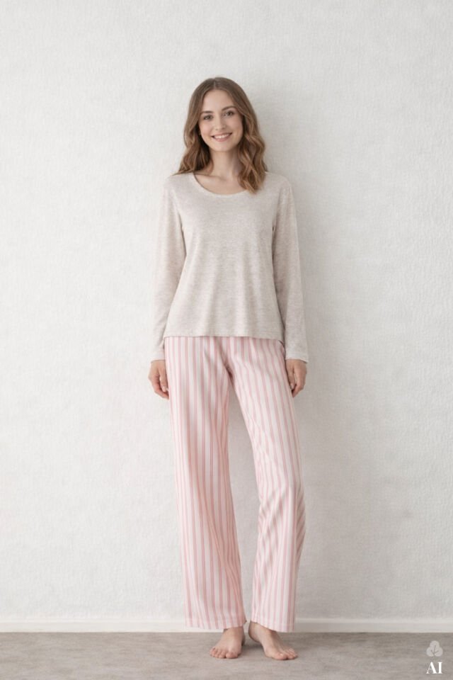 Kadın Pamuklu Kaşkorse Üst Etiket Detaylı Çizgili Pijama Takımı Gri - Kahverengi - L