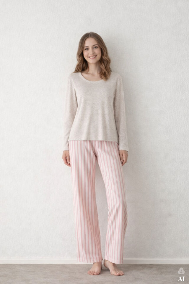 Kadın Pamuklu Kaşkorse Üst Etiket Detaylı Çizgili Pijama Takımı Gri - Kahverengi - XL