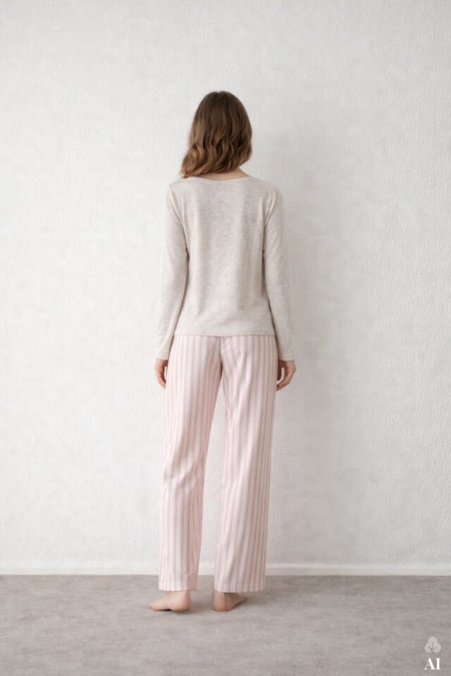 Kadın Pamuklu Kaşkorse Üst Etiket Detaylı Çizgili Pijama Takımı Gri - Kahverengi - XL