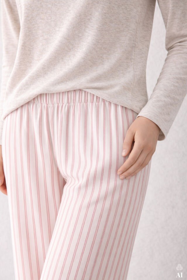 Kadın Pamuklu Kaşkorse Üst Etiket Detaylı Çizgili Pijama Takımı Gri - Kahverengi - XL