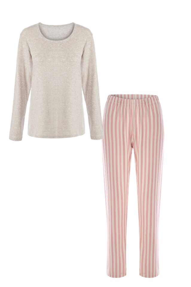 Kadın Pamuklu Kaşkorse Üst Etiket Detaylı Çizgili Pijama Takımı Gri - Kahverengi - XL