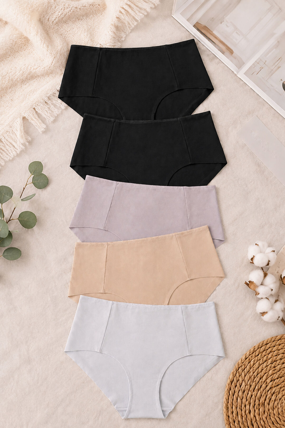 Kadın 5'li Pamuk Lazer Kesim Yüksek Bel Toparlayıcı Külot Siyah - Ten - 2XL