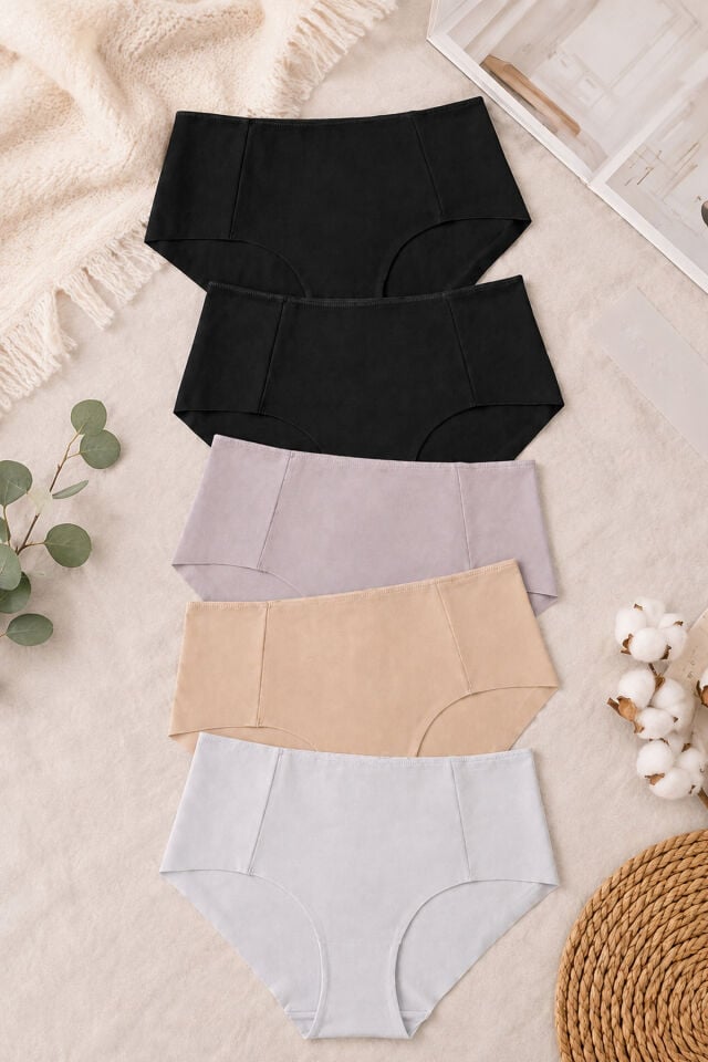 Kadın 5'li Pamuk Lazer Kesim Yüksek Bel Toparlayıcı Külot Siyah - Ten - 2XL