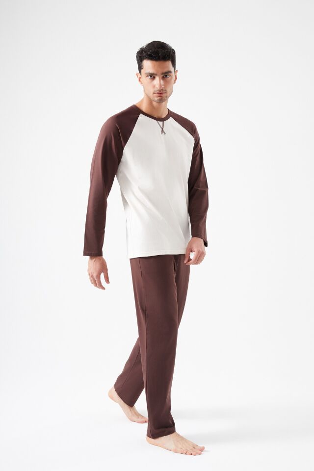 Erkek Pamuklu Uzun Kollu Cepli Pijama Takımı Kahverengi - Ekru - XL