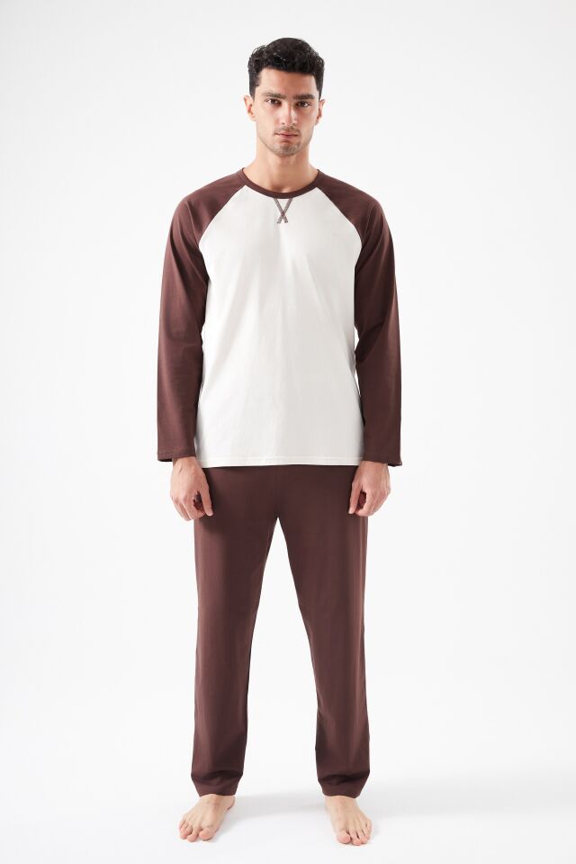 Erkek Pamuklu Uzun Kollu Cepli Pijama Takımı Kahverengi - Ekru - XL