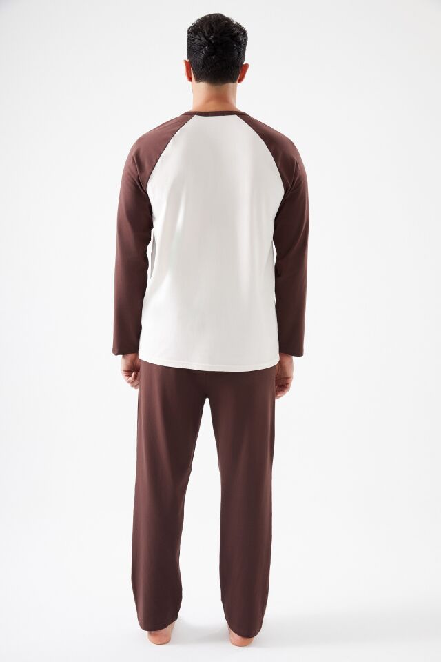 Erkek Pamuklu Uzun Kollu Cepli Pijama Takımı Kahverengi - Ekru - XL