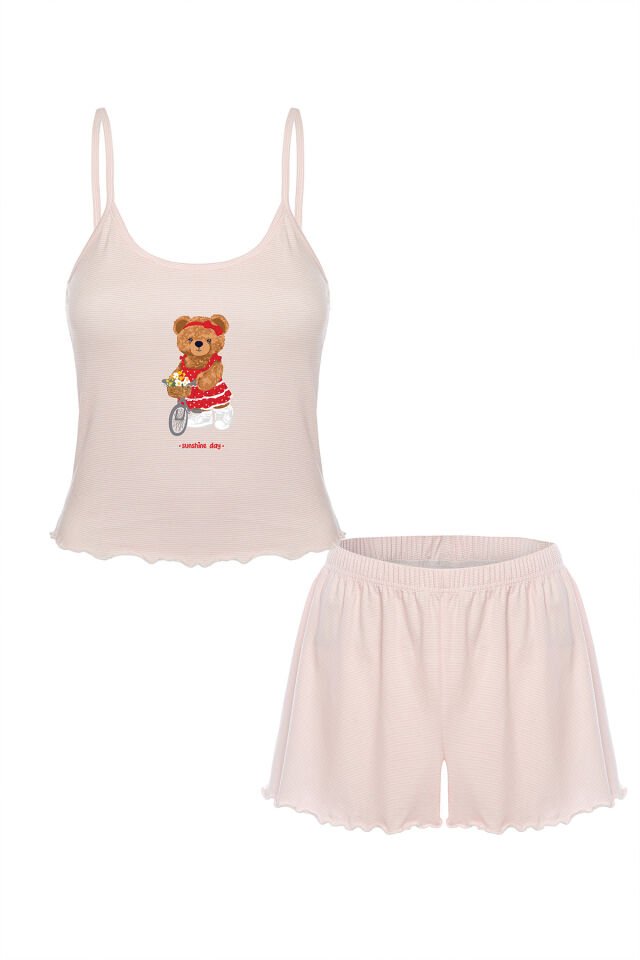 Kadın İnce Askılı Desenli Pamuklu Şortlu Pijama Takımı Pudra - L