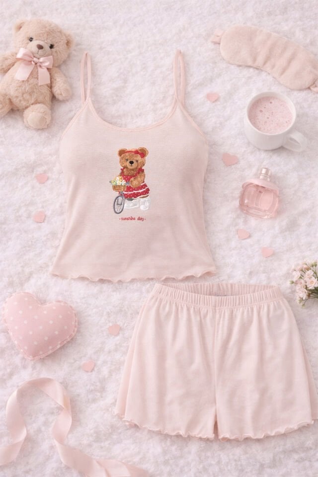 Kadın İnce Askılı Desenli Pamuklu Şortlu Pijama Takımı Pudra - XL