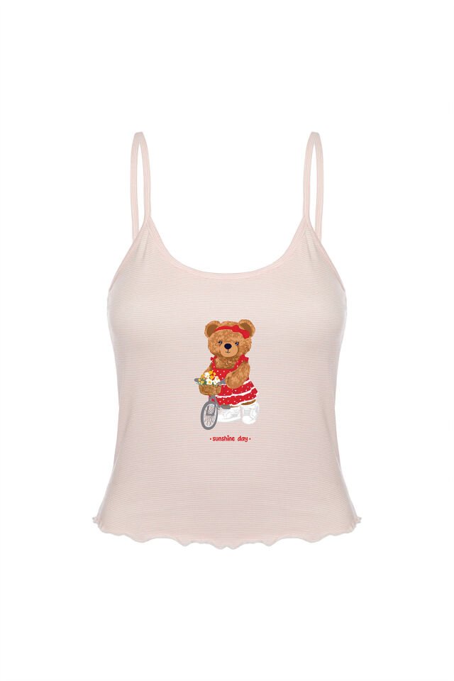 Kadın İnce Askılı Desenli Pamuklu Şortlu Pijama Takımı Pudra - XL