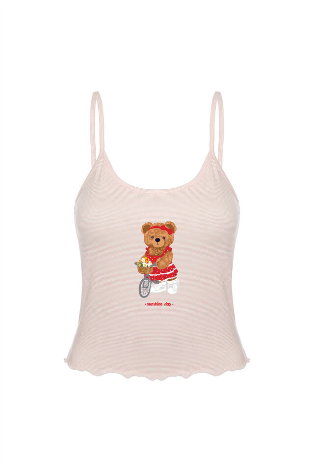 Kadın İnce Askılı Desenli Pamuklu Şortlu Pijama Takımı Pudra - XL
