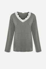 Kadın V Yaka ve Paça Dantel Detaylı Uzun Kollu Pijama Takımı