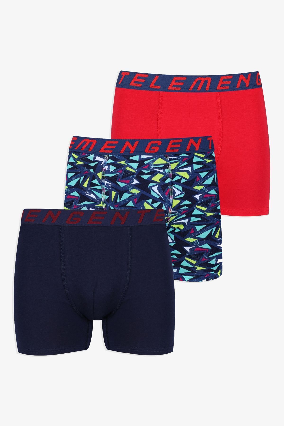 Erkek 3'lü Pamuklu Likralı Boxer Lacivertdesenlikırmızı - L