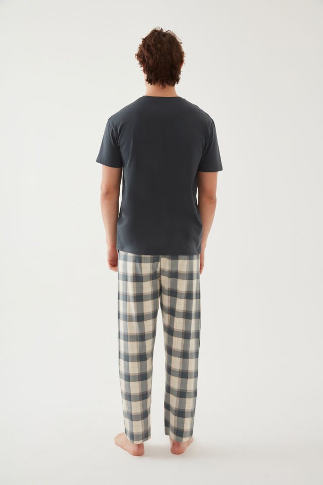 Erkek Pamuklu Üst Füme Göğüs Cepli Kısa Kollu Pijama Takımı Yeşil - Füme - L