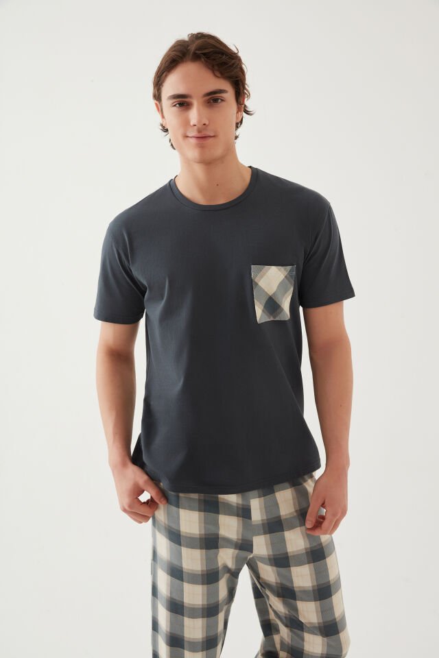 Erkek Pamuklu Üst Füme Göğüs Cepli Kısa Kollu Pijama Takımı Yeşil - Füme - XL