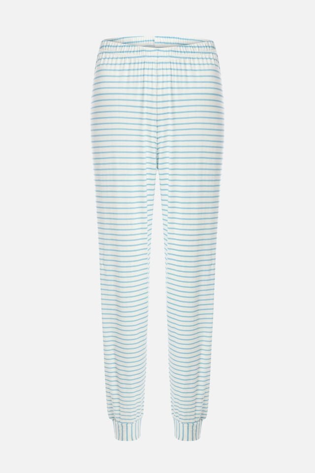 Kadın Mavi Çizgili Manşet Detaylı Jogger Örme Pijama Takımı S - Mavi - Beyaz