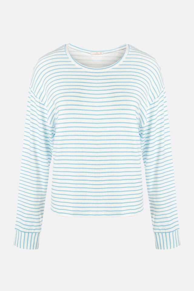 Kadın Mavi Çizgili Manşet Detaylı Jogger Örme Pijama Takımı S - Mavi - Beyaz