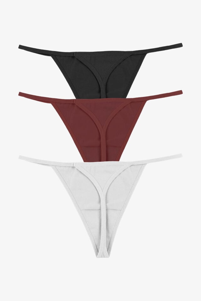 Kadın Pamuklu Basic Tanga Külot 3'lü Paket Siyah - Ekru - L -XL