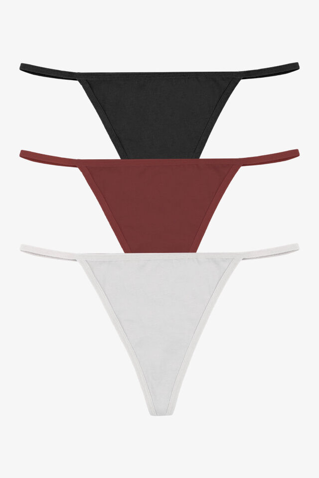 Kadın Pamuklu Basic Tanga Külot 3'lü Paket Siyah - Ekru - L -XL