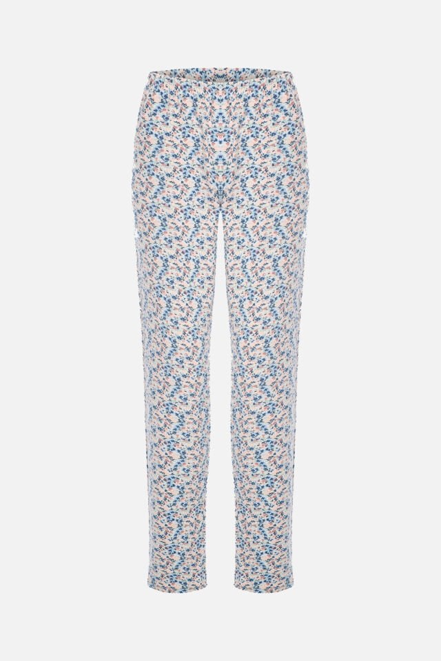 Kadın Pamuklu Basic Çiçek Desenli Uzun Kollu Pijama Takımı Mavi - M