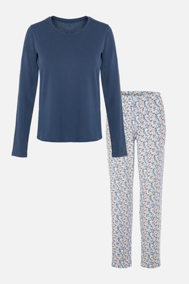 Kadın Pamuklu Basic Çiçek Desenli Uzun Kollu Pijama Takımı Mavi - M
