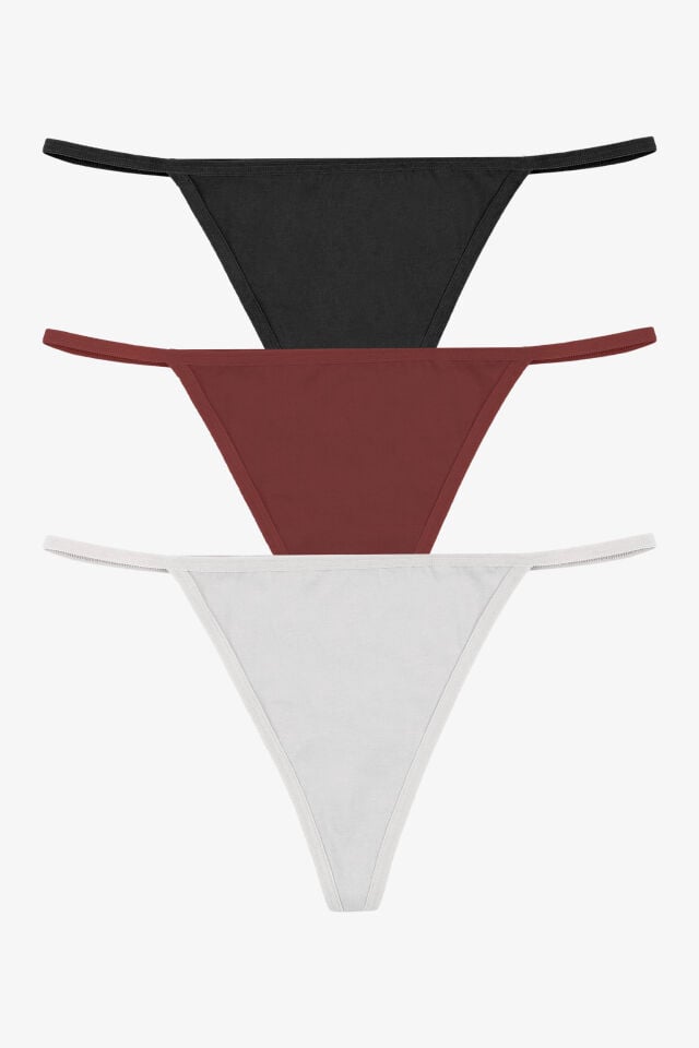 Kadın Pamuklu Basic Tanga Külot 3'lü Paket Siyah - Ekru - 2XL