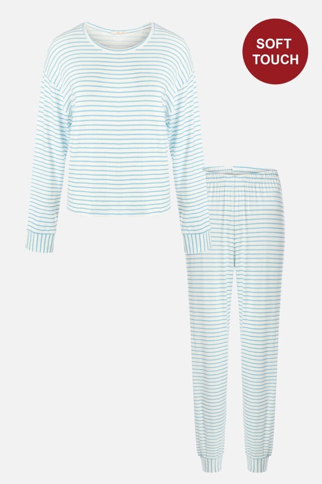 Kadın Mavi Çizgili Manşet Detaylı Jogger Örme Pijama Takımı XL - Mavi - Beyaz